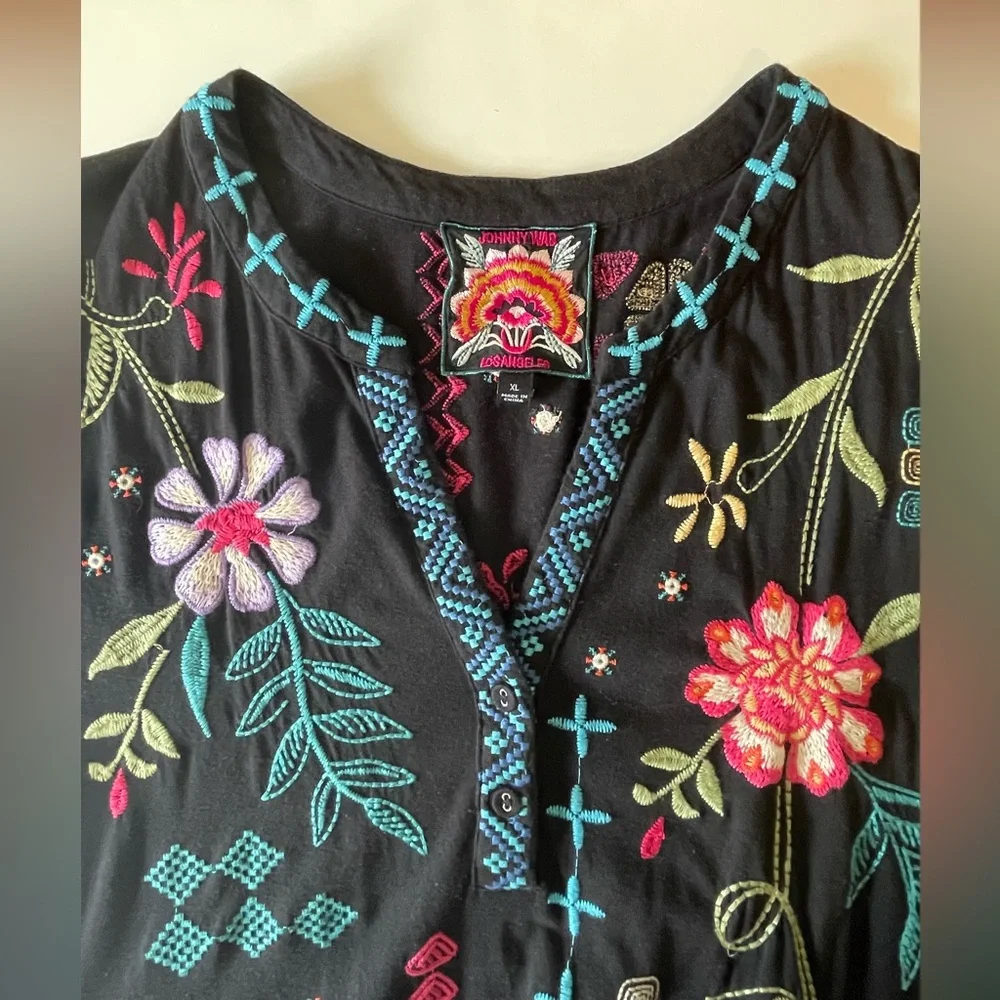 Johnny Was Floral Embroidered Katie Knit Henley Tiered Maxi Dress Boho Hippie XL - Picture 5 of 9